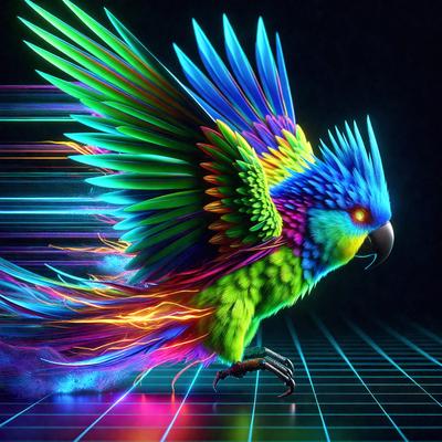 The primary subject of the image is a colorful bird with a rainbow-colored wing. The bird is standing on a checkered surface, which adds to the visual style of the image. The bird's vibrant colors and the checkered pattern create a lively and energetic atmosphere.
